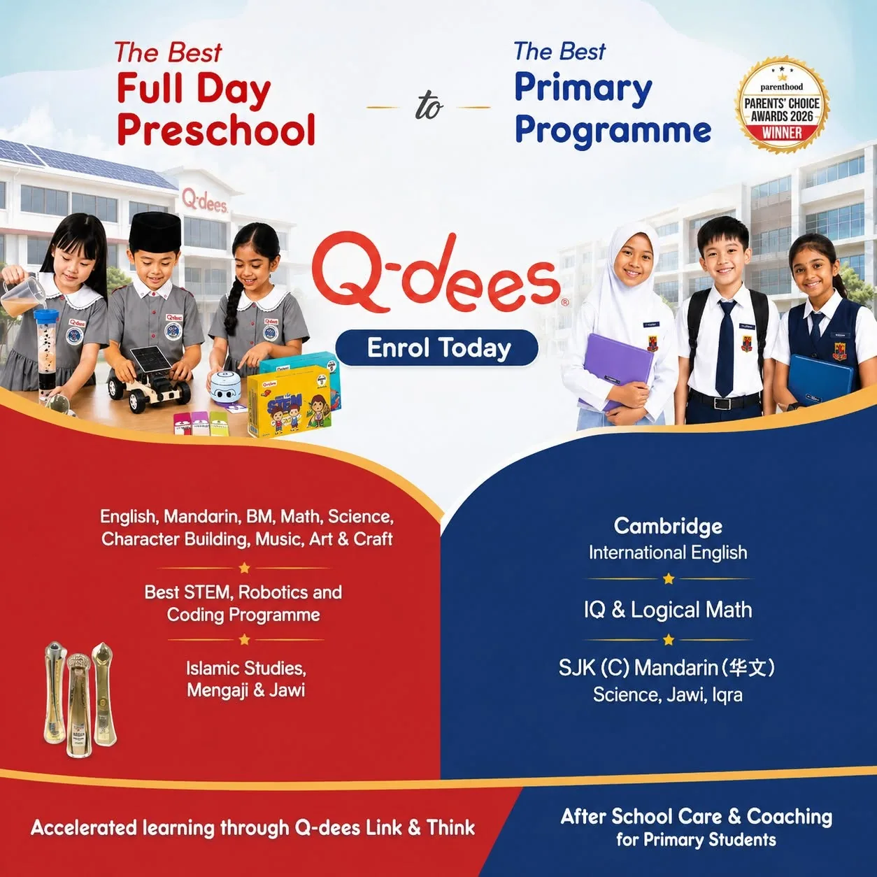 Q-dees poster: The Best Full Day Preschool to The Best Primary Programme, Parents’ Choice Awards 2026 winner