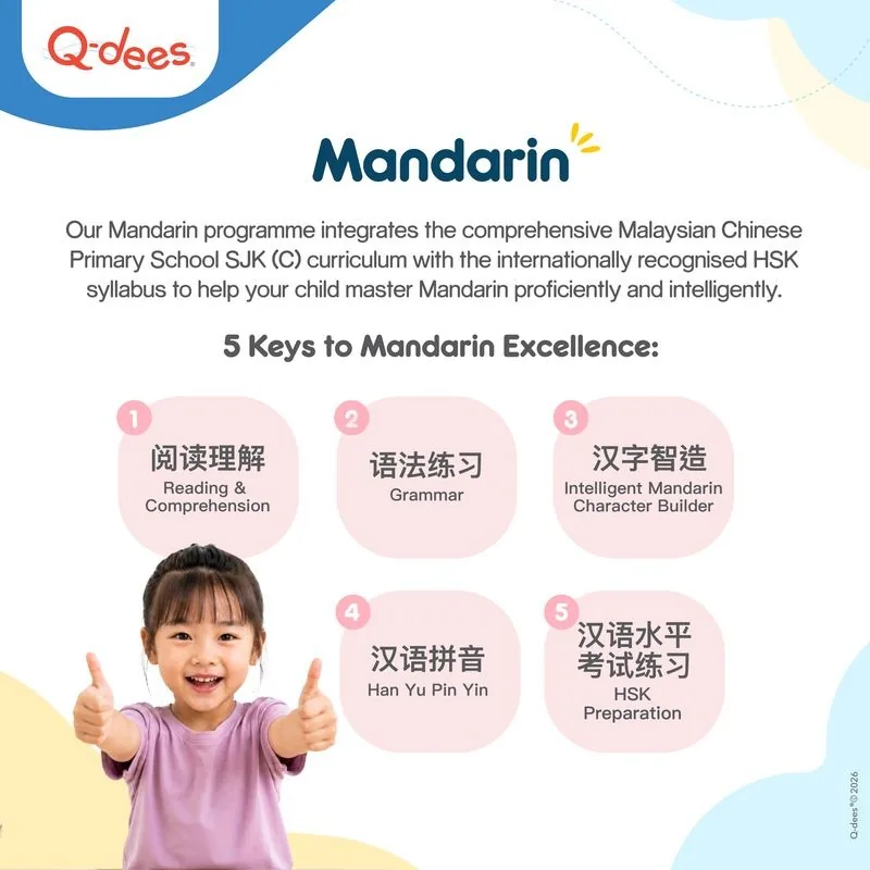 Q-dees Mandarin programme poster: 5 Keys to Mandarin Excellence – Reading & Comprehension, Grammar, Intelligent Mandarin Character Builder, Han Yu Pin Yin and HSK Preparation
