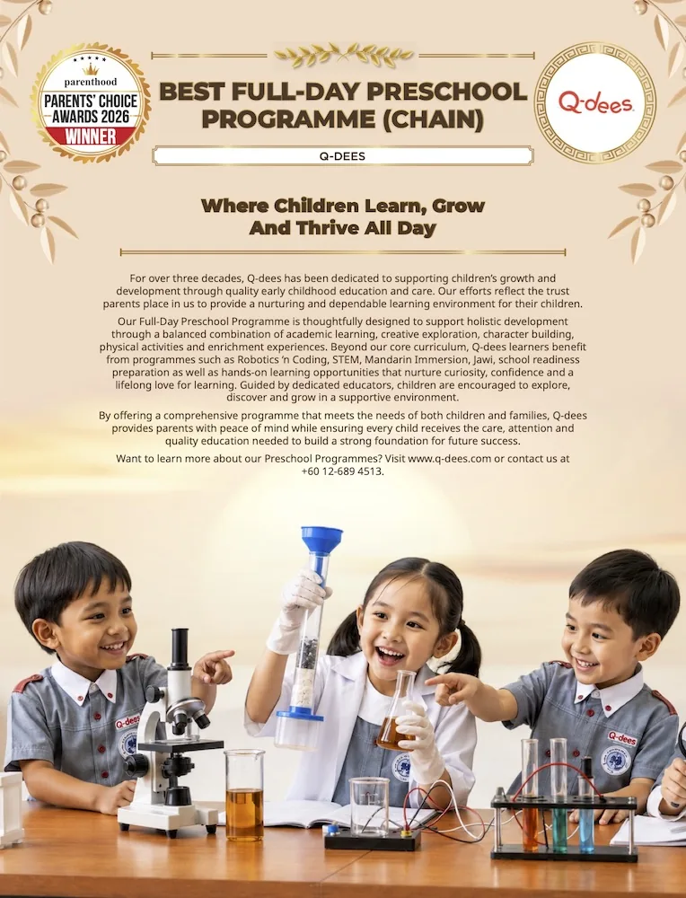 Parents’ Choice Awards 2026 winner poster: Q-dees, Best Full-Day Preschool Programme (Chain)