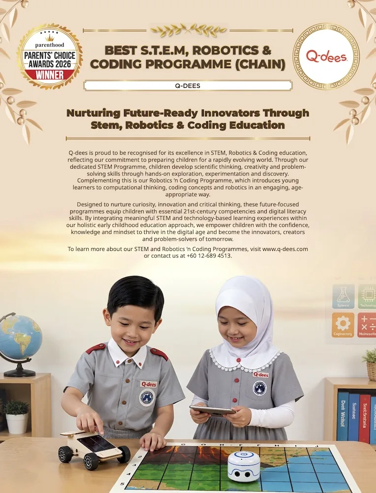 Parents’ Choice Awards 2026 winner poster: Q-dees, Best S.T.E.M, Robotics & Coding Programme (Chain)